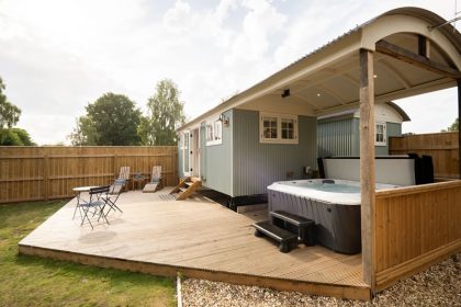 Bespoke Shepherds Hut to Buy - Brace - 18ft x 8ft - Outside with Hot Tub