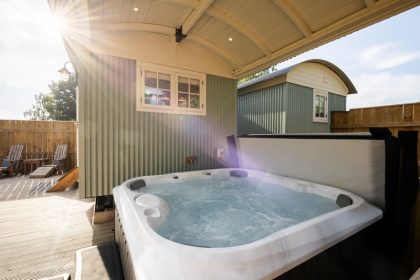 Bespoke Shepherds Hut to Buy - Brace - 18ft x 8ft - Outside with Hot Tub